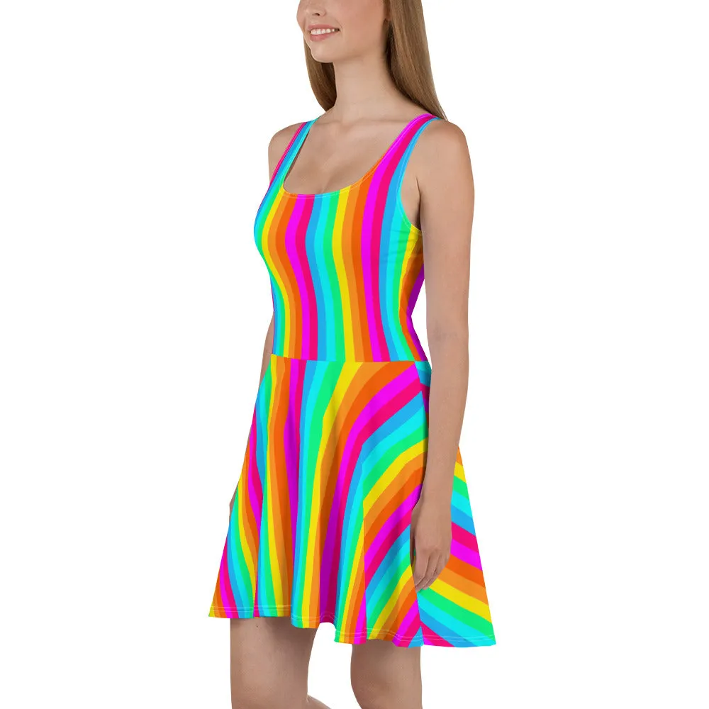Rainbow Stripe Skater Dress Women, Fit and Flare Colorful Pride Festival Party Fun Mini Sleeveless Vertical Striped Circle