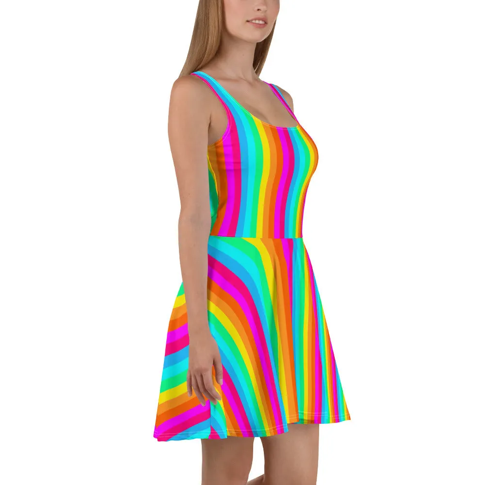 Rainbow Stripe Skater Dress Women, Fit and Flare Colorful Pride Festival Party Fun Mini Sleeveless Vertical Striped Circle
