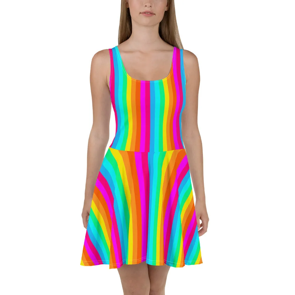 Rainbow Stripe Skater Dress Women, Fit and Flare Colorful Pride Festival Party Fun Mini Sleeveless Vertical Striped Circle