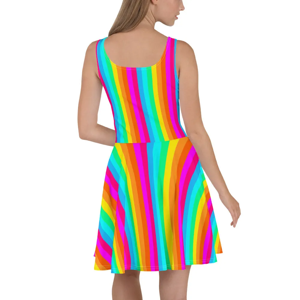 Rainbow Stripe Skater Dress Women, Fit and Flare Colorful Pride Festival Party Fun Mini Sleeveless Vertical Striped Circle