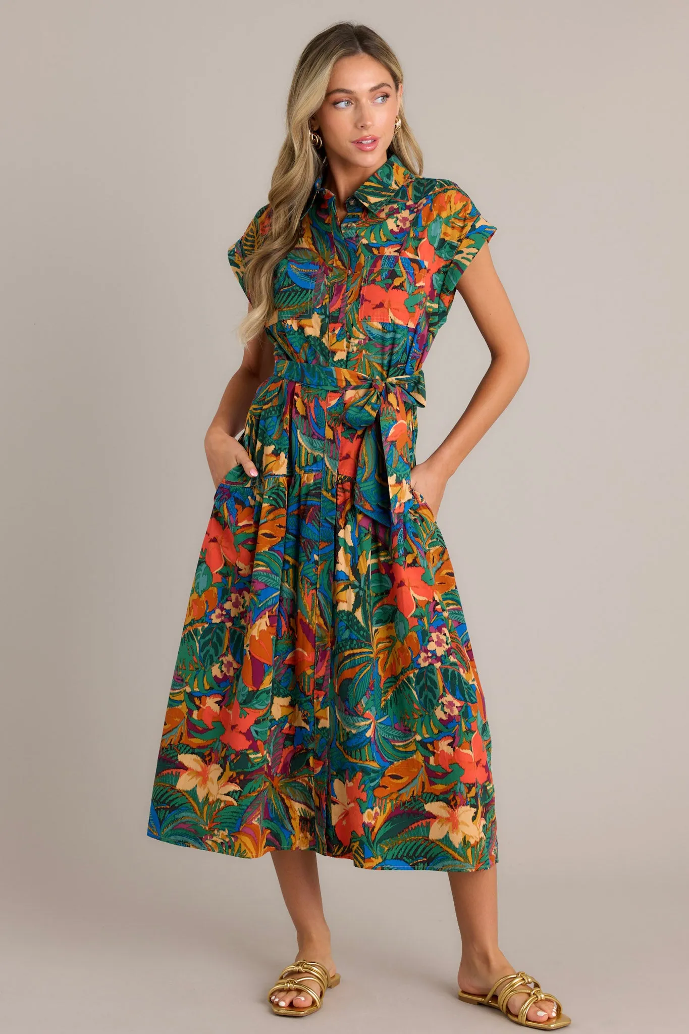Rainforest Charm Green Tropical Print Button Front Midi Dress