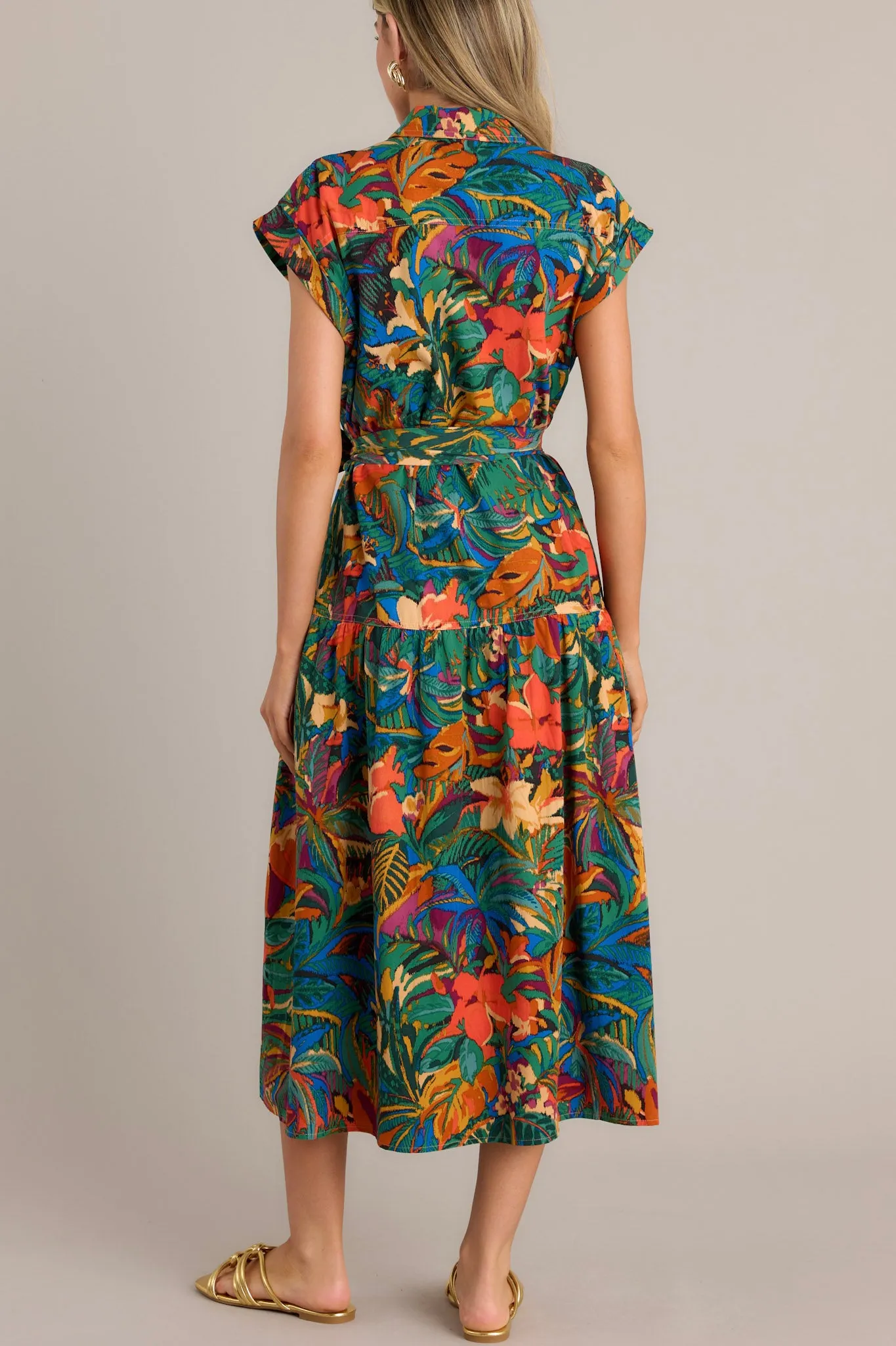 Rainforest Charm Green Tropical Print Button Front Midi Dress