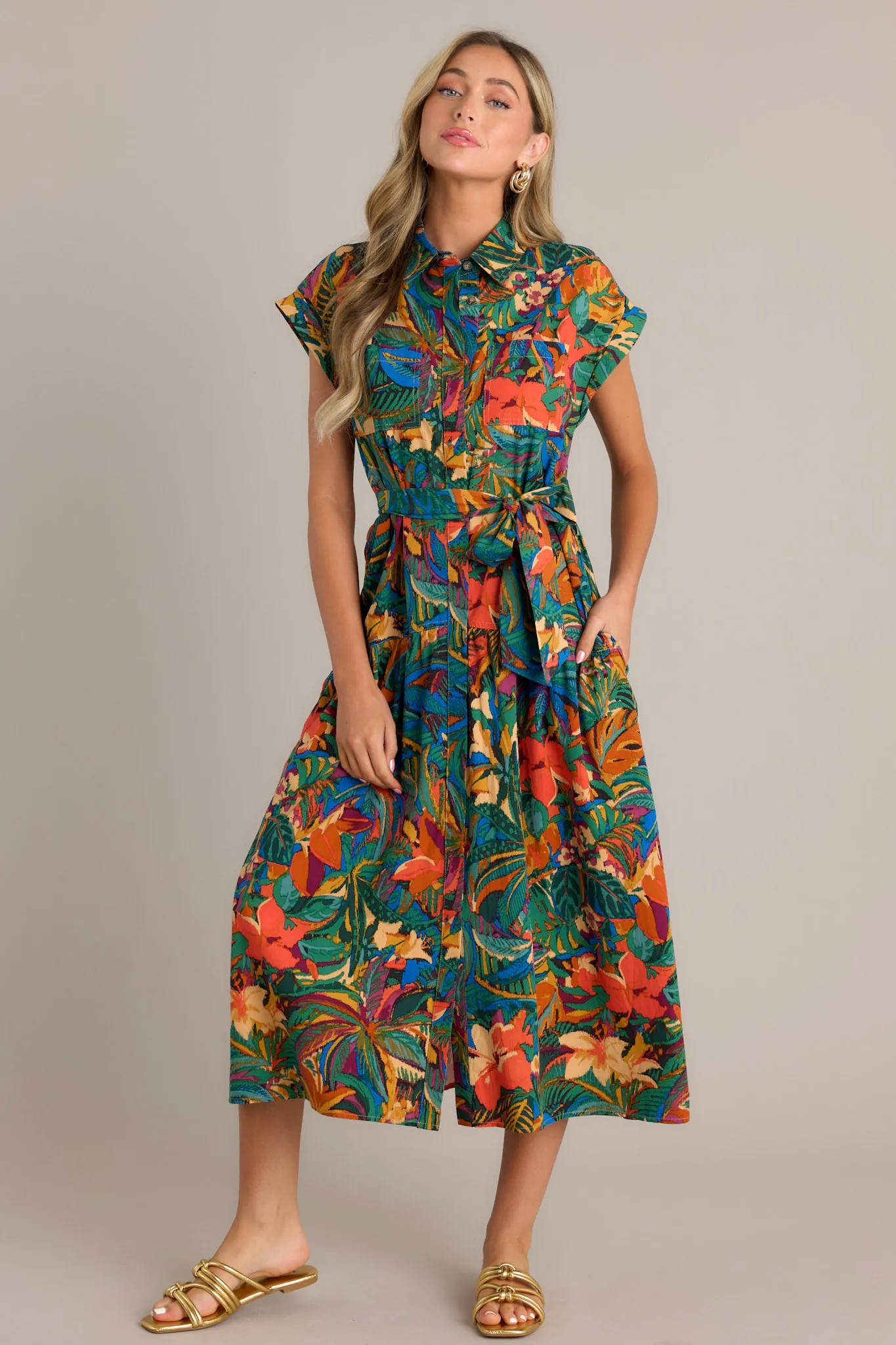 Rainforest Charm Green Tropical Print Button Front Midi Dress
