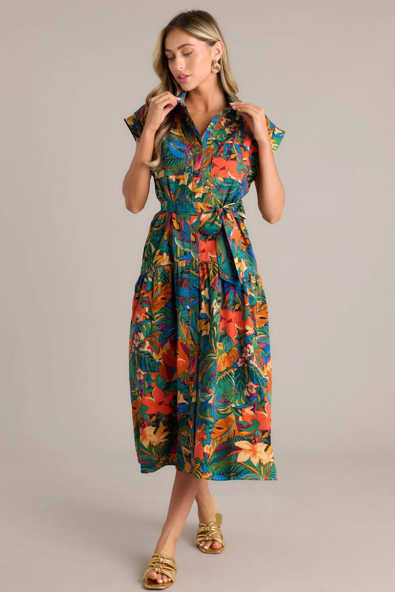 Rainforest Charm Green Tropical Print Button Front Midi Dress