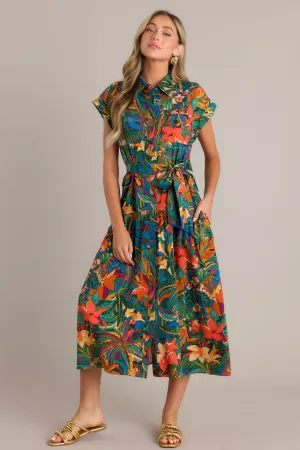 Rainforest Charm Green Tropical Print Button Front Midi Dress