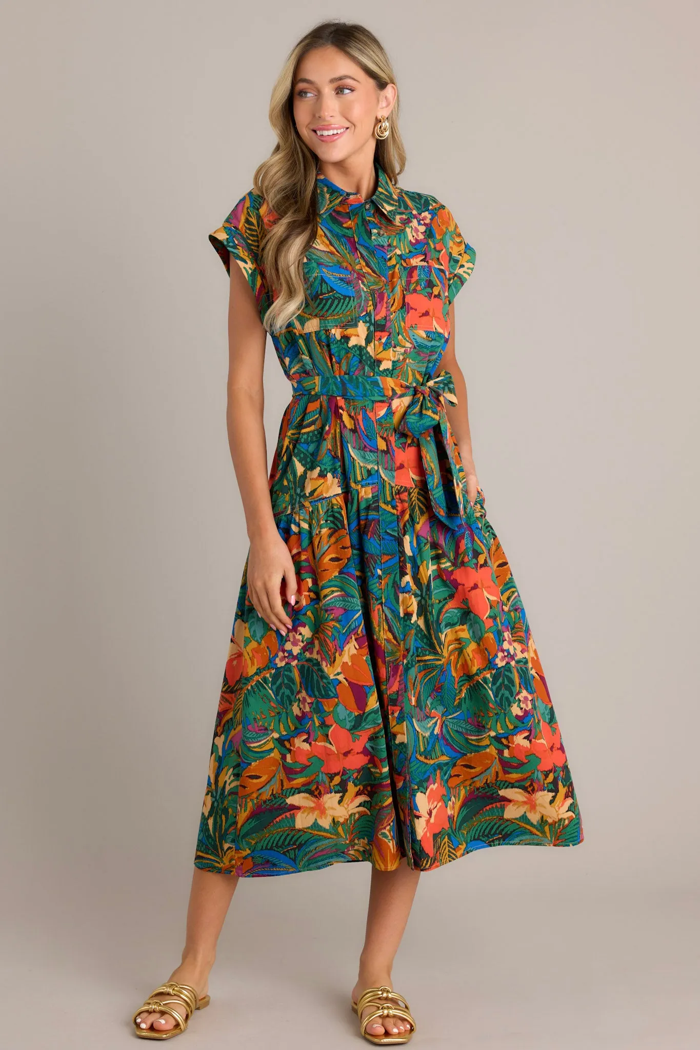 Rainforest Charm Green Tropical Print Button Front Midi Dress
