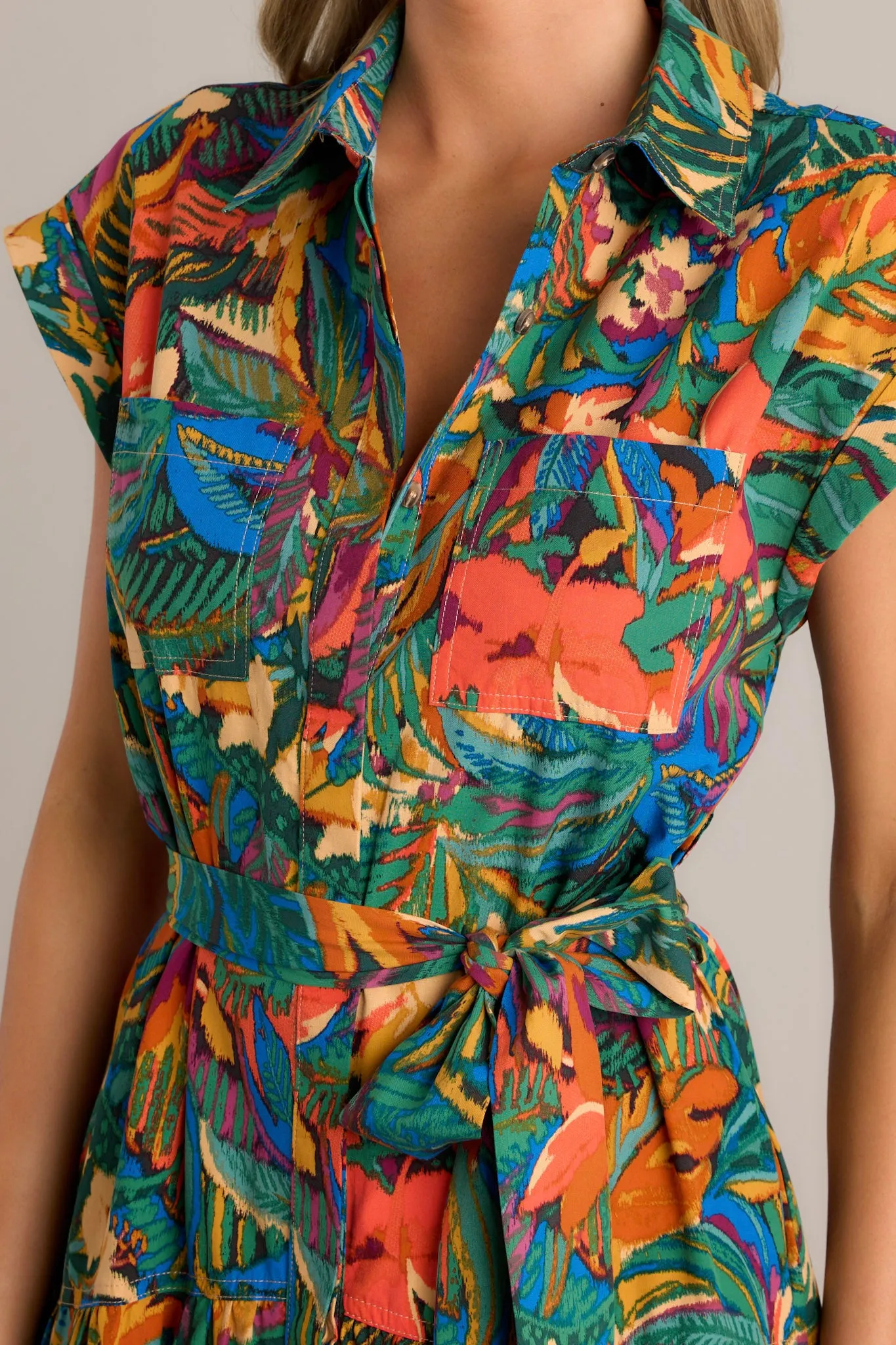 Rainforest Charm Green Tropical Print Button Front Midi Dress