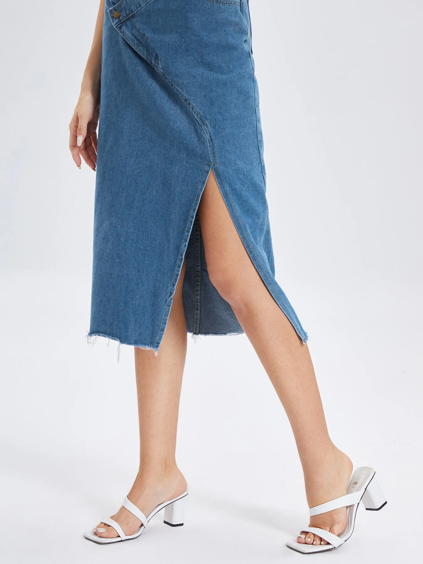 Raw Hem Split Asymmetrical Denim Skirt