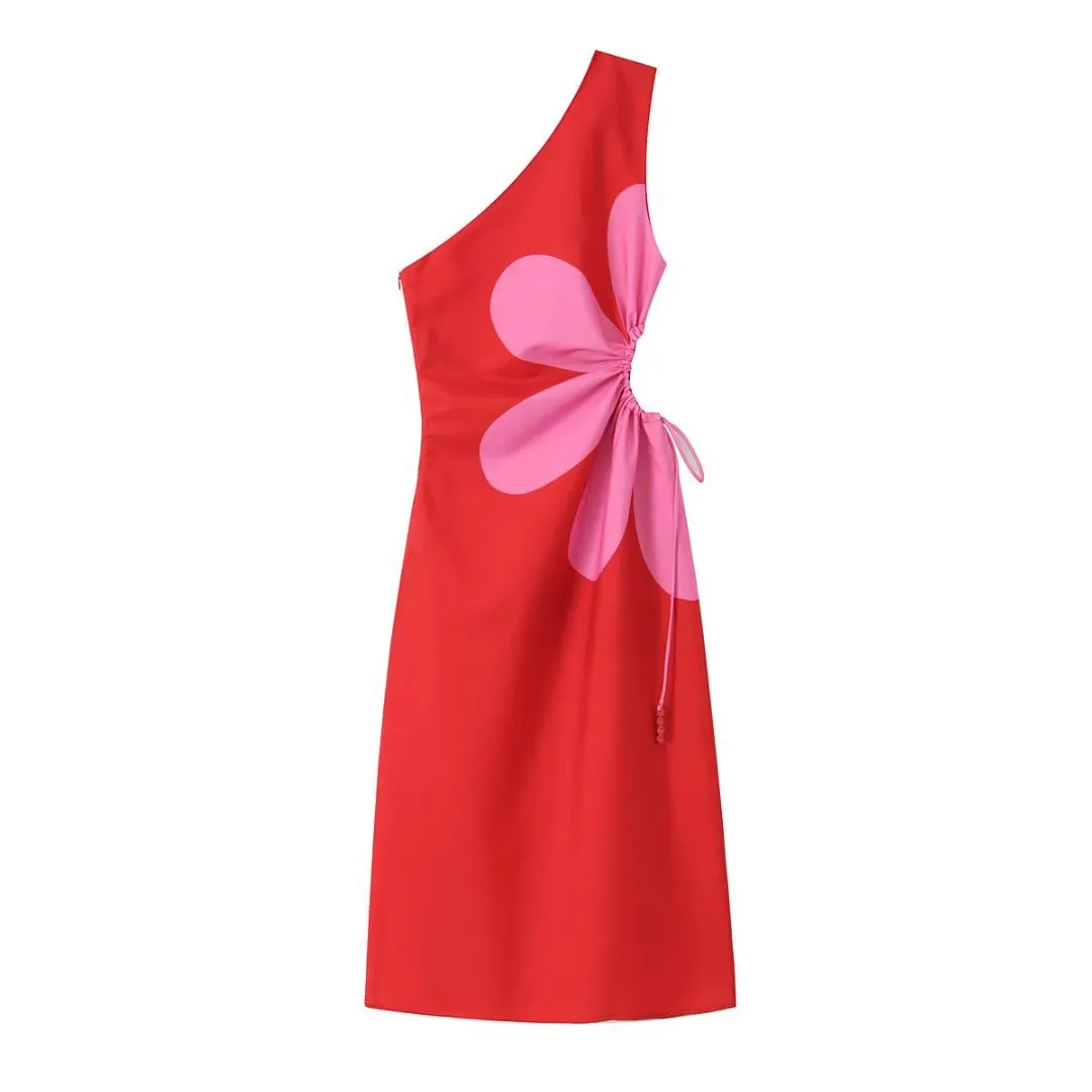 Red Floral Cut Out Midi Dress
