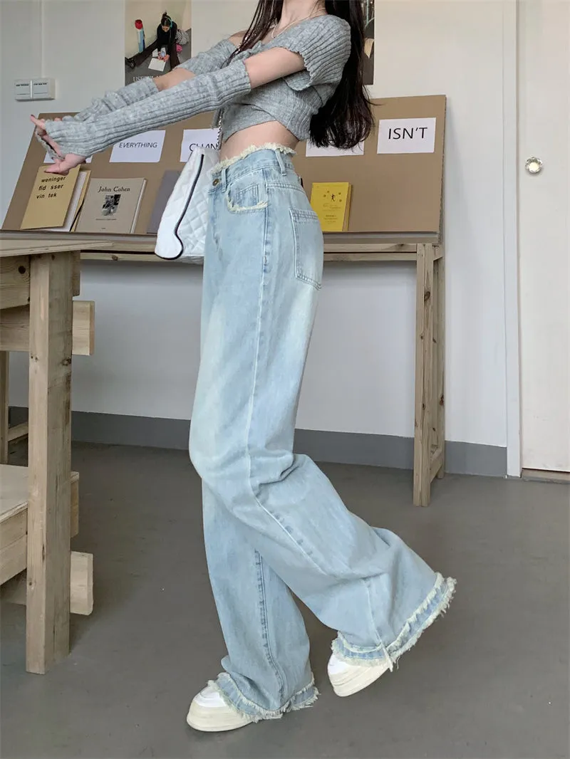 Retro Raw Edge High Wast Wide Leg Light Blue Jeans Pants