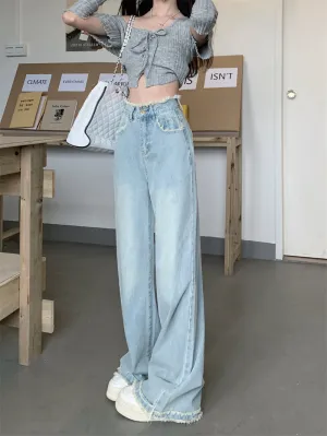 Retro Raw Edge High Wast Wide Leg Light Blue Jeans Pants
