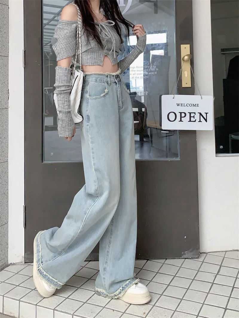 Retro Raw Edge High Wast Wide Leg Light Blue Jeans Pants
