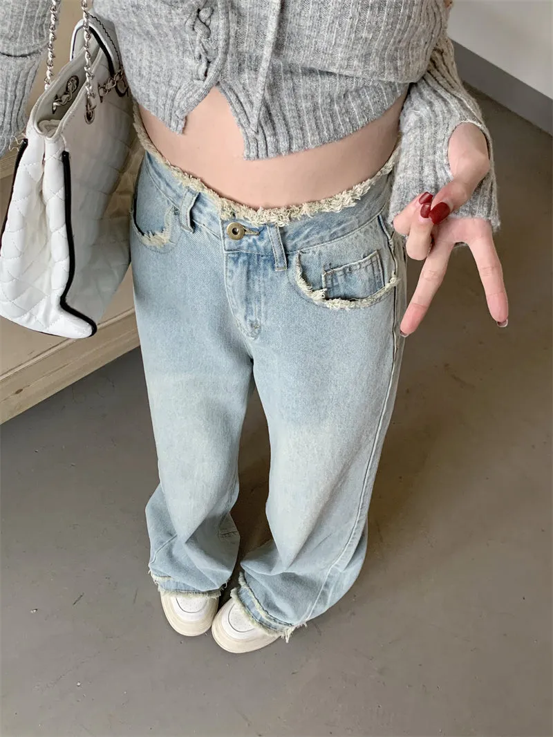 Retro Raw Edge High Wast Wide Leg Light Blue Jeans Pants