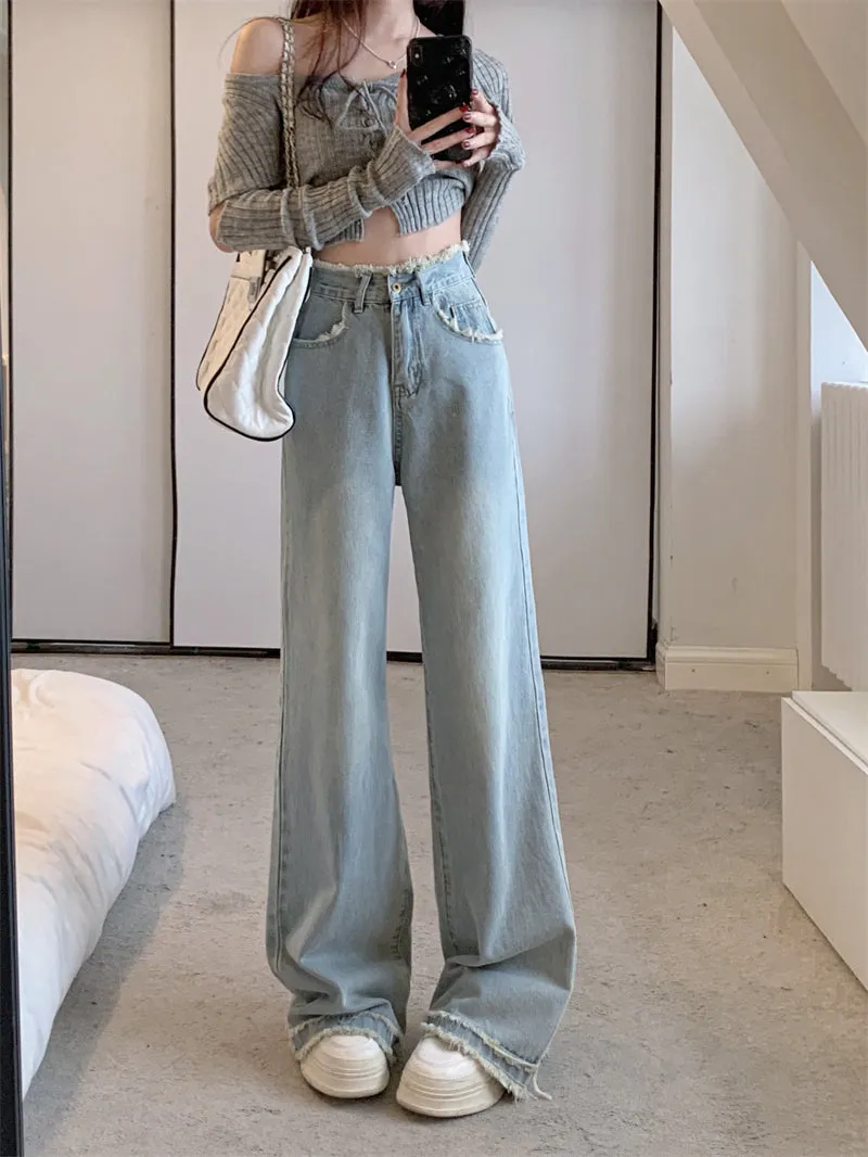 Retro Raw Edge High Wast Wide Leg Light Blue Jeans Pants
