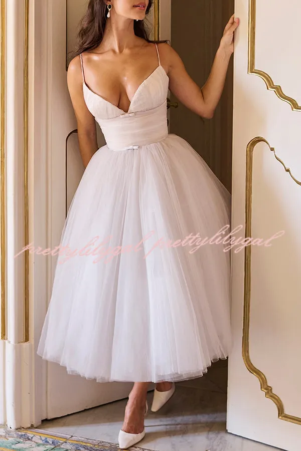 Royal Treatment Tulle Bows Detail Ruched Slip Midi Dress