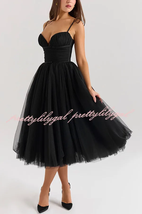 Royal Treatment Tulle Bows Detail Ruched Slip Midi Dress