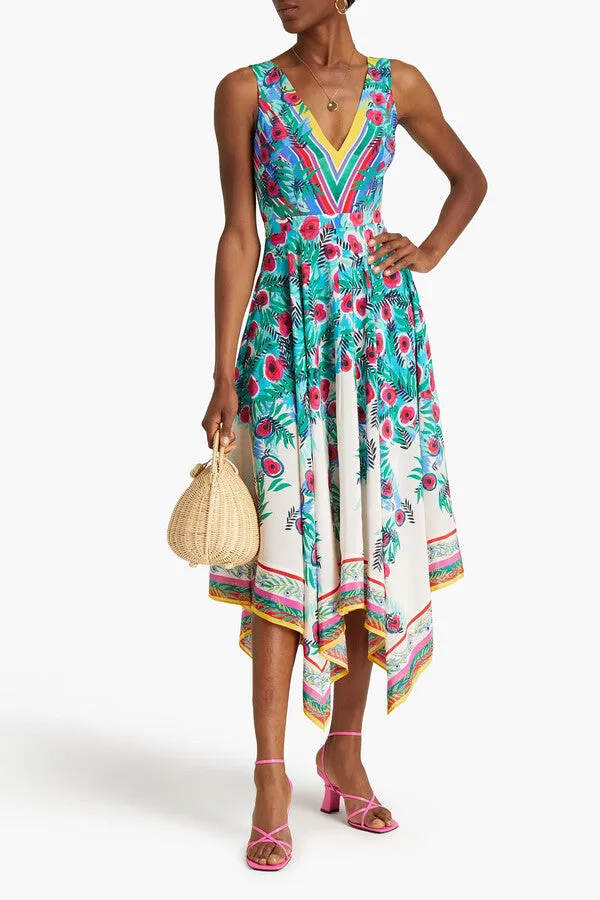 Saloni 'Zuri' Asymmetric Silk Printed Midi Dress