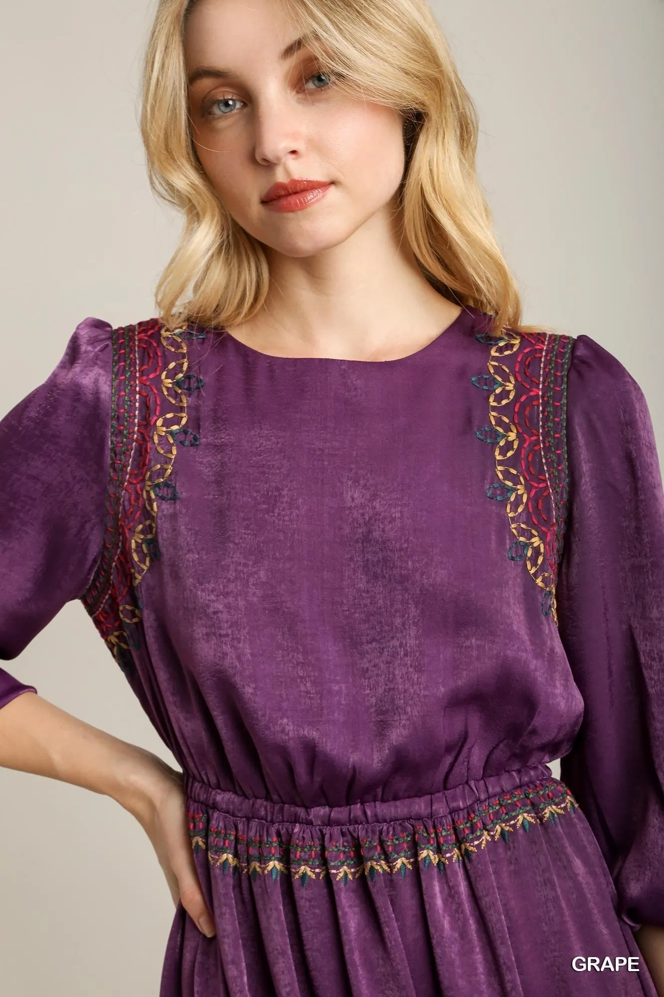 Satin Purple Round Neck Embroidery Midi Dress