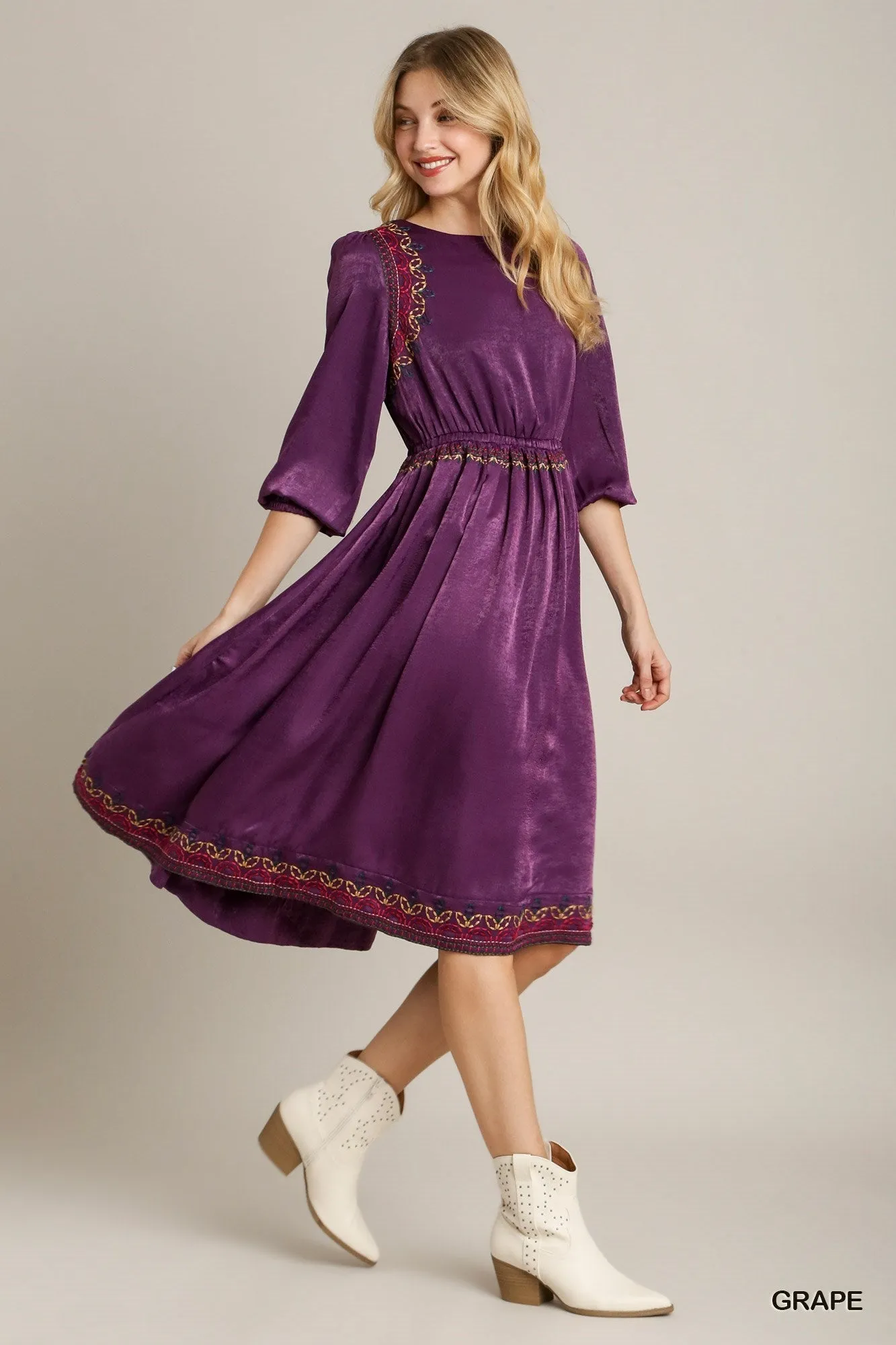 Satin Purple Round Neck Embroidery Midi Dress