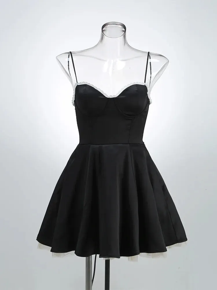 Satin Tulle Frill Charming Strap Mini Dress