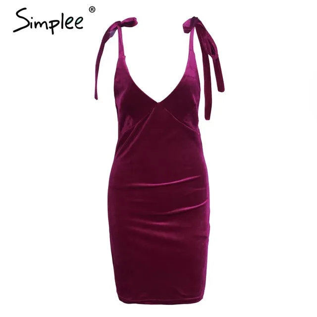 Simplee Strap tie up velvet dress women V neck casual short winter dress female Wine red mini dresses Christmas robe femme