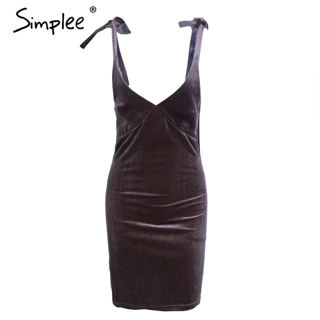 Simplee Strap tie up velvet dress women V neck casual short winter dress female Wine red mini dresses Christmas robe femme