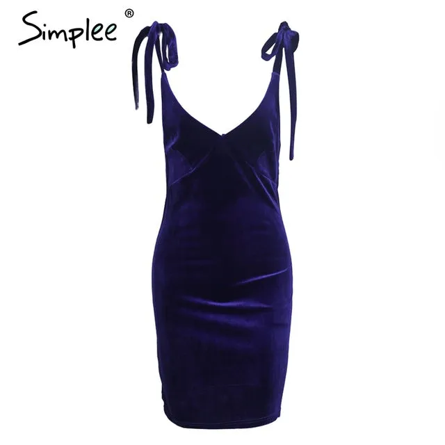 Simplee Strap tie up velvet dress women V neck casual short winter dress female Wine red mini dresses Christmas robe femme