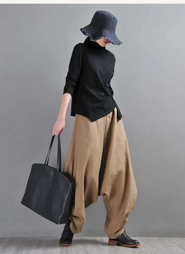 Summer Linen Pants Drop Crotch Baggy Harem Pants for Stylish Women