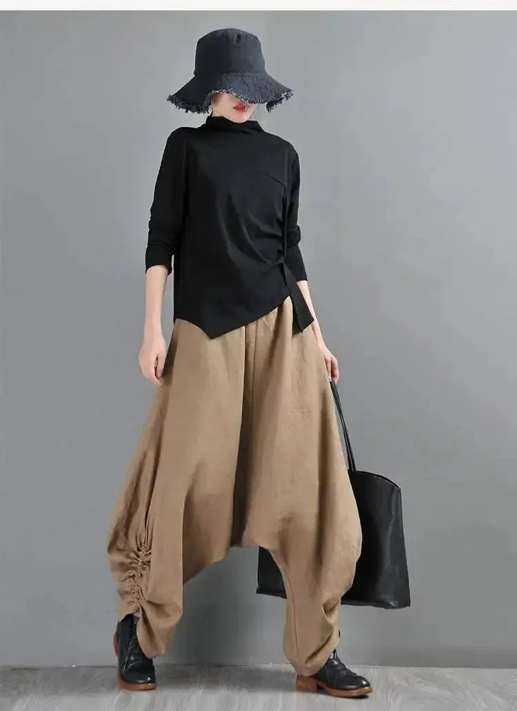Summer Linen Pants Drop Crotch Baggy Harem Pants for Stylish Women