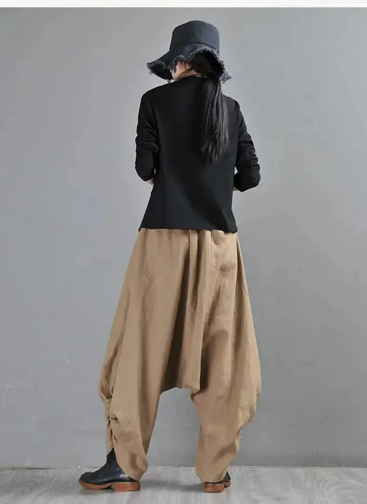Summer Linen Pants Drop Crotch Baggy Harem Pants for Stylish Women