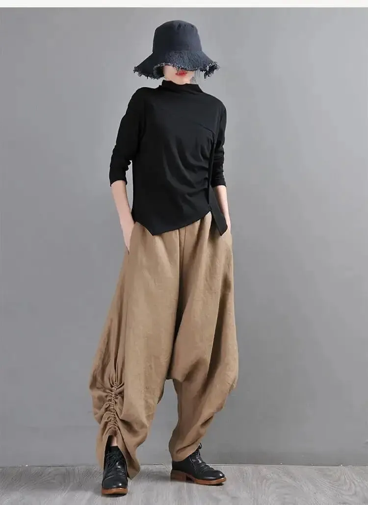 Summer Linen Pants Drop Crotch Baggy Harem Pants for Stylish Women
