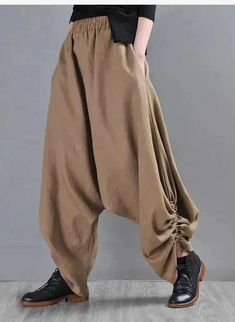 Summer Linen Pants Drop Crotch Baggy Harem Pants for Stylish Women