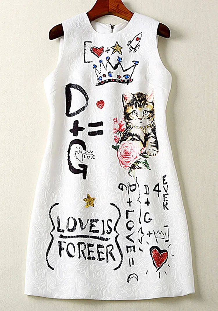 Summer Stylish Elegant Cat Print Sleeveless Vest Dress