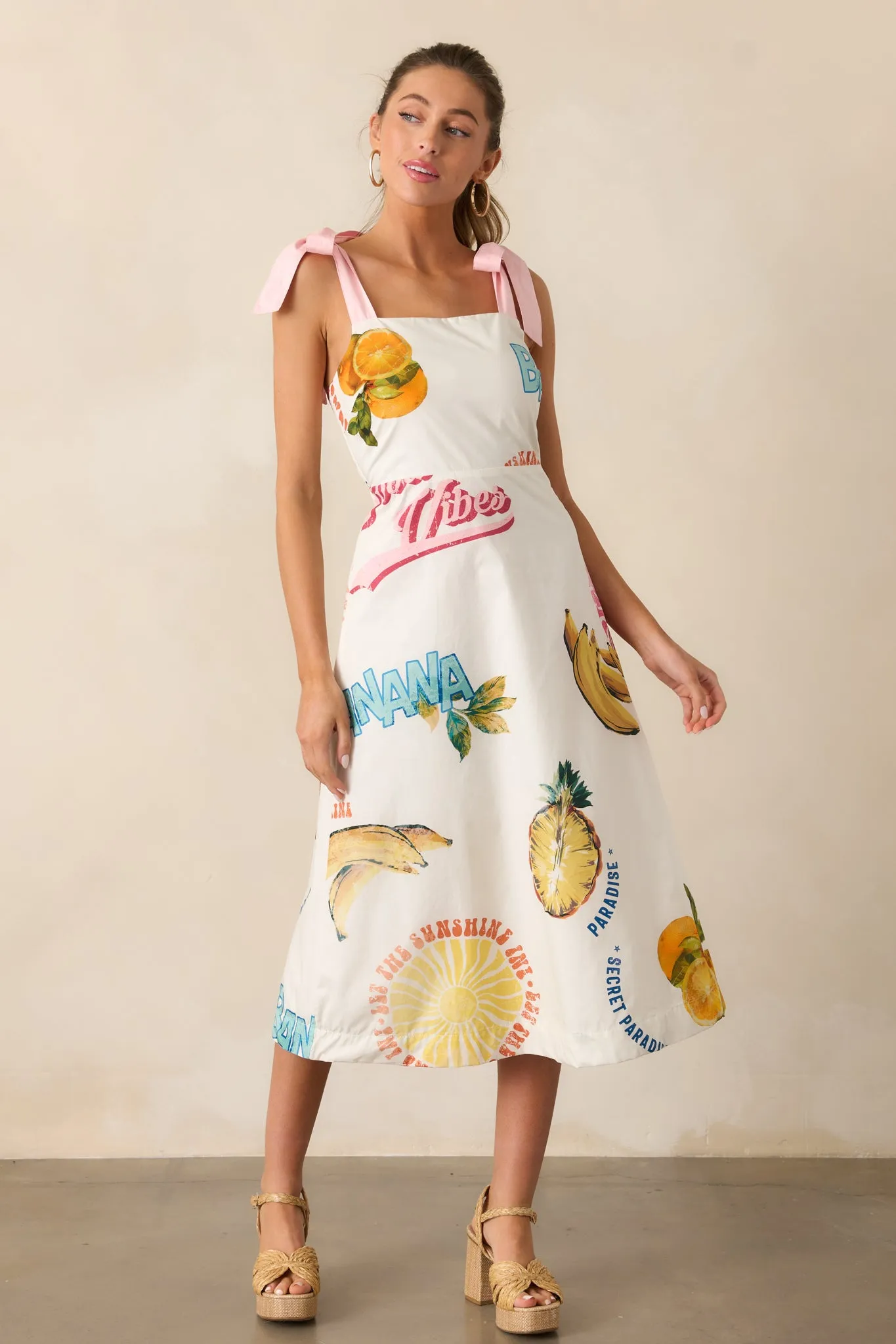 Take A Chance 100% Cotton Ivory Tropical Fruit Print Midi Dress