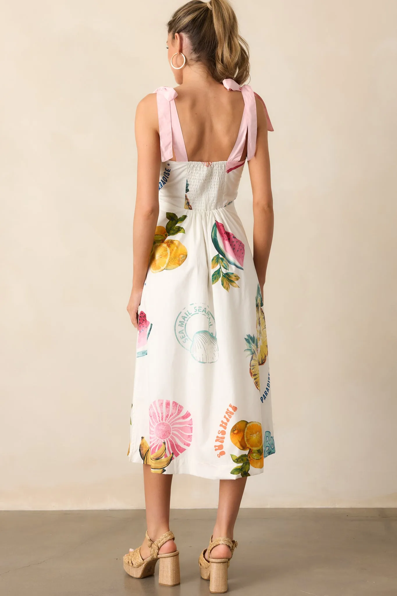 Take A Chance 100% Cotton Ivory Tropical Fruit Print Midi Dress