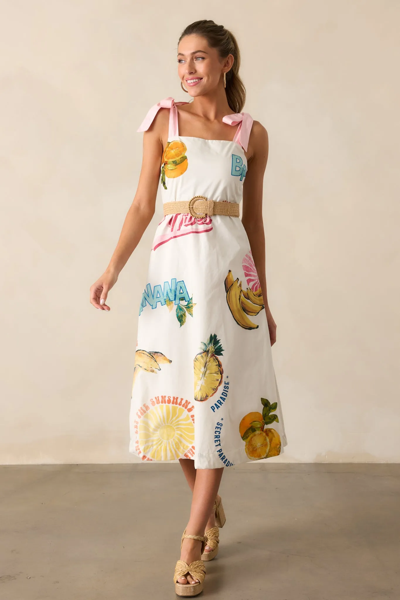 Take A Chance 100% Cotton Ivory Tropical Fruit Print Midi Dress