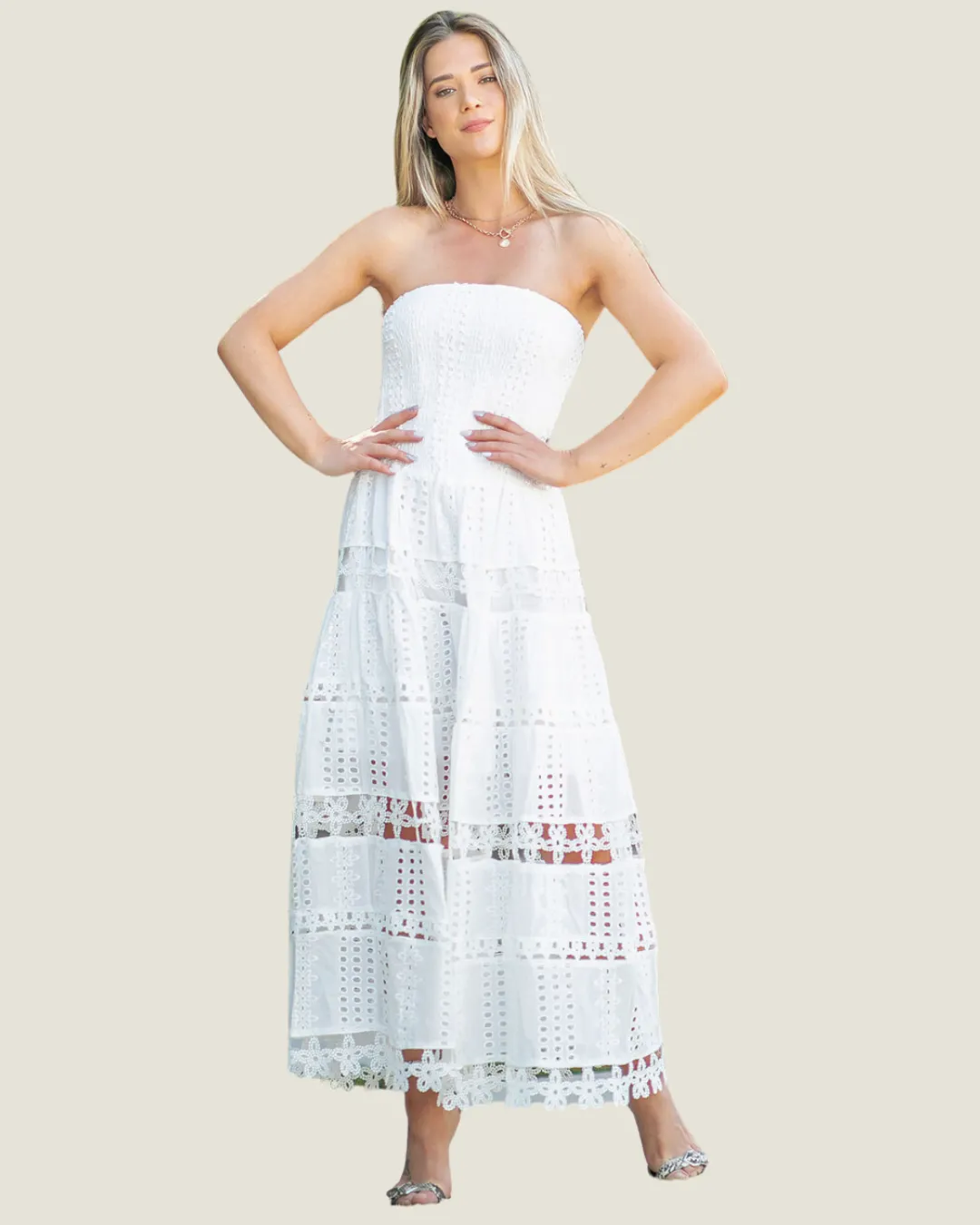 The MaryAnn: White Strapless Eyelet Lace Strapless Midi Dress