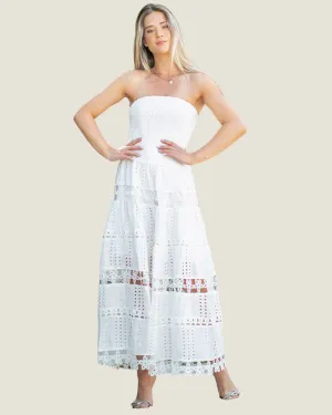 The MaryAnn: White Strapless Eyelet Lace Strapless Midi Dress