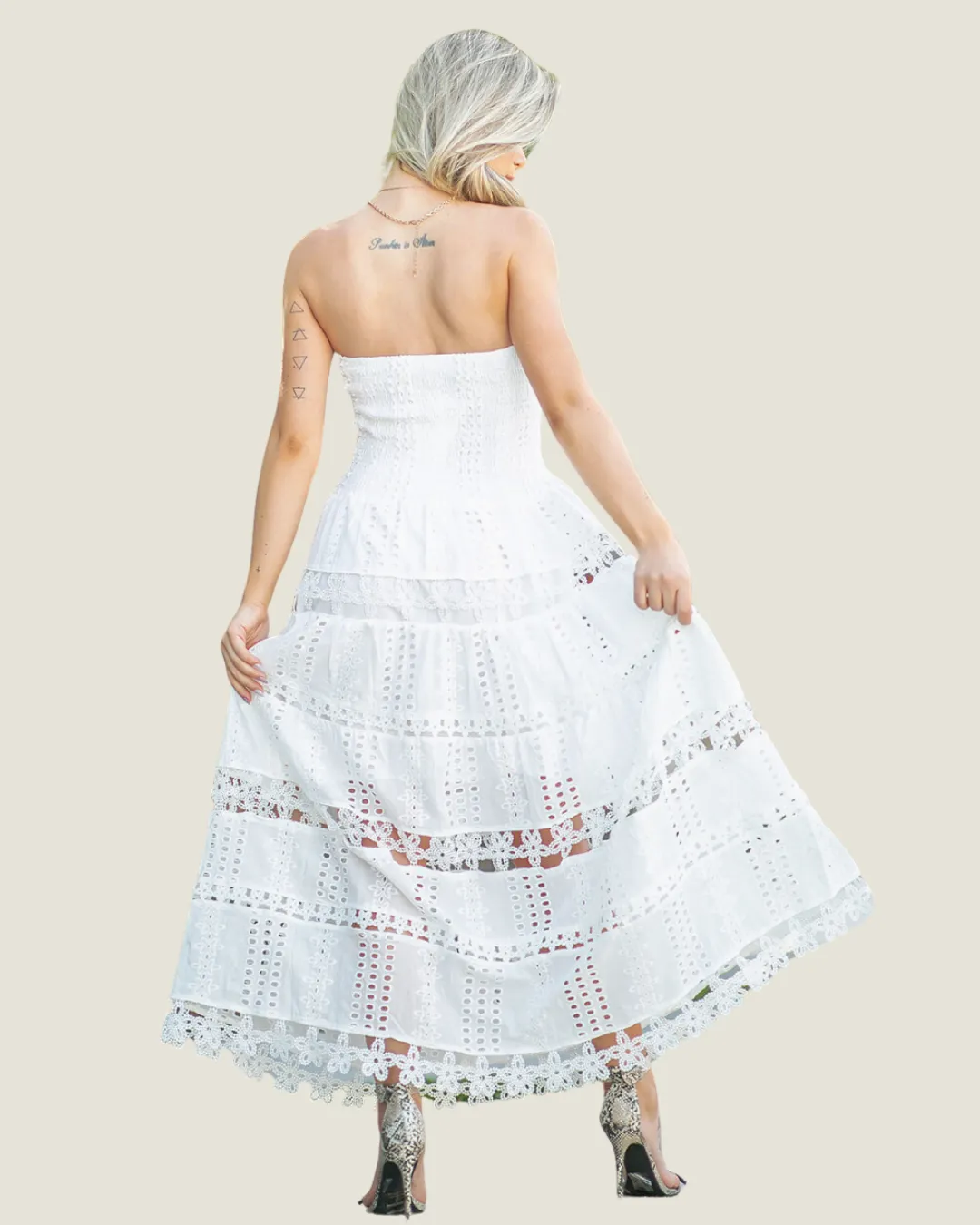 The MaryAnn: White Strapless Eyelet Lace Strapless Midi Dress