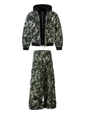 Thesupermade  Camouflage Faux Two-piece Hooded Fleece Jacket Tracksuit