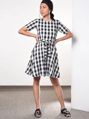 Tie front gingham checks flared dress