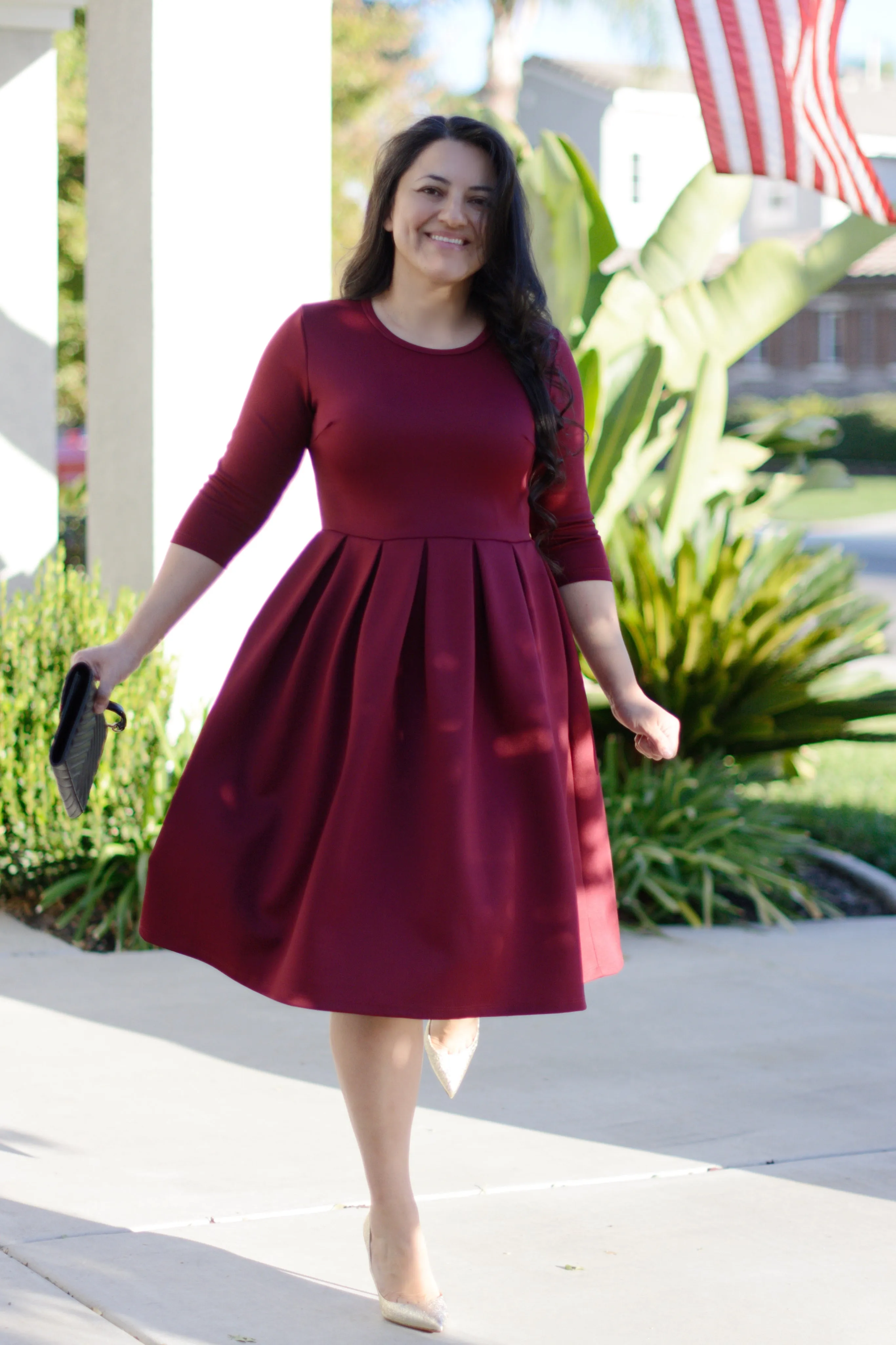 Venice Merlot Pleated Midi Dress