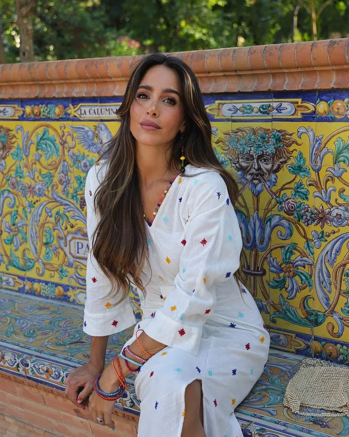 White V-neck Embroidery Long Sleeve Midi Dress