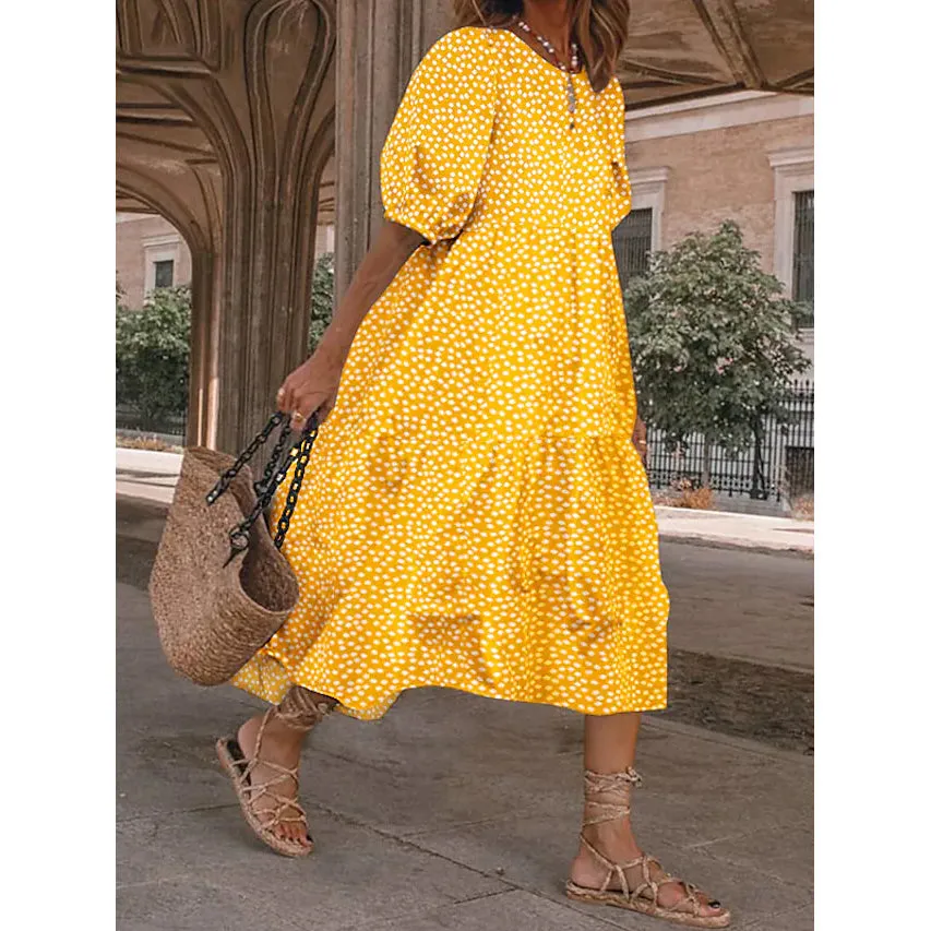 Women's Ruffled Patchwork Print Midi Dress