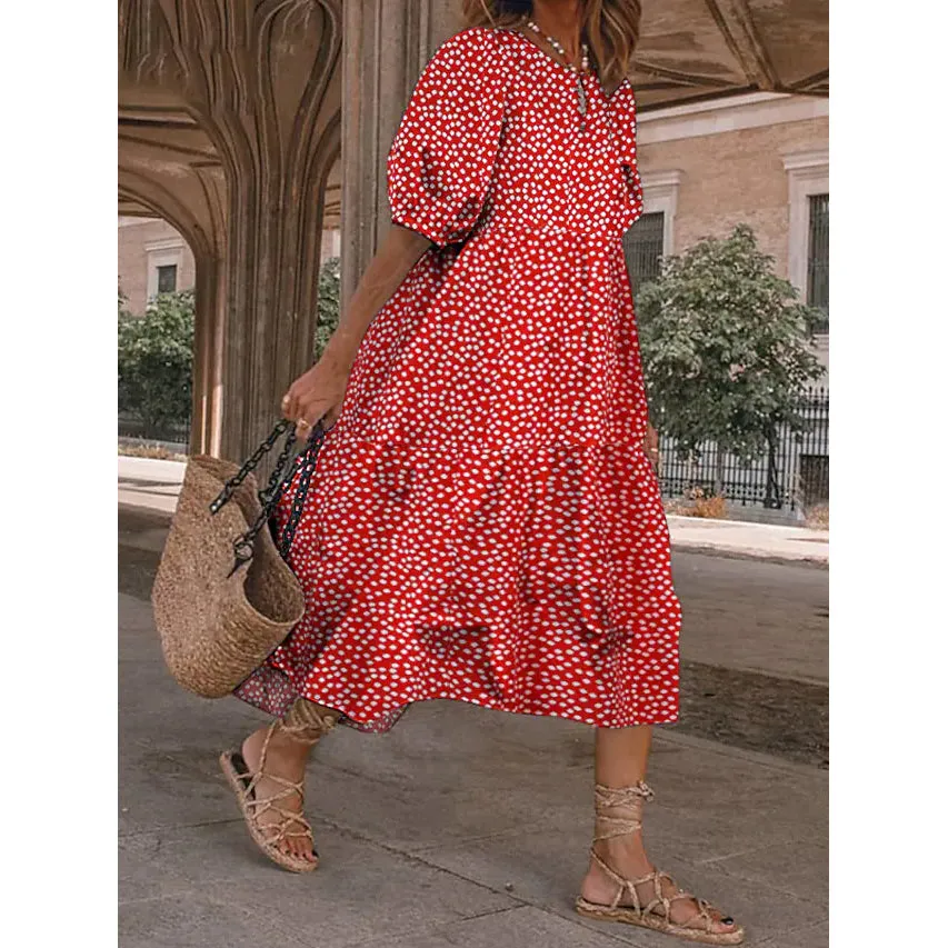 Women's Ruffled Patchwork Print Midi Dress