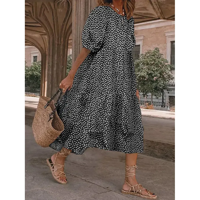 Women's Ruffled Patchwork Print Midi Dress