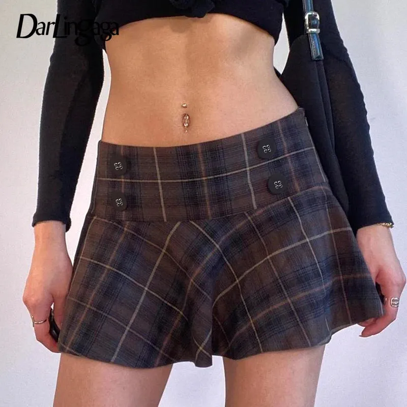 Y2K Vintage Buttons Chic Plaid Skirt England Style Harajuku Checkered A-Line Mini Skirt Women 2000s Aesthetic Outfits