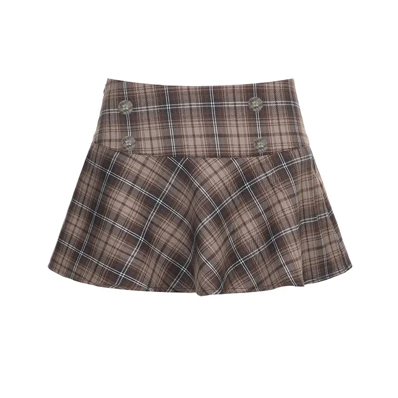 Y2K Vintage Buttons Chic Plaid Skirt England Style Harajuku Checkered A-Line Mini Skirt Women 2000s Aesthetic Outfits