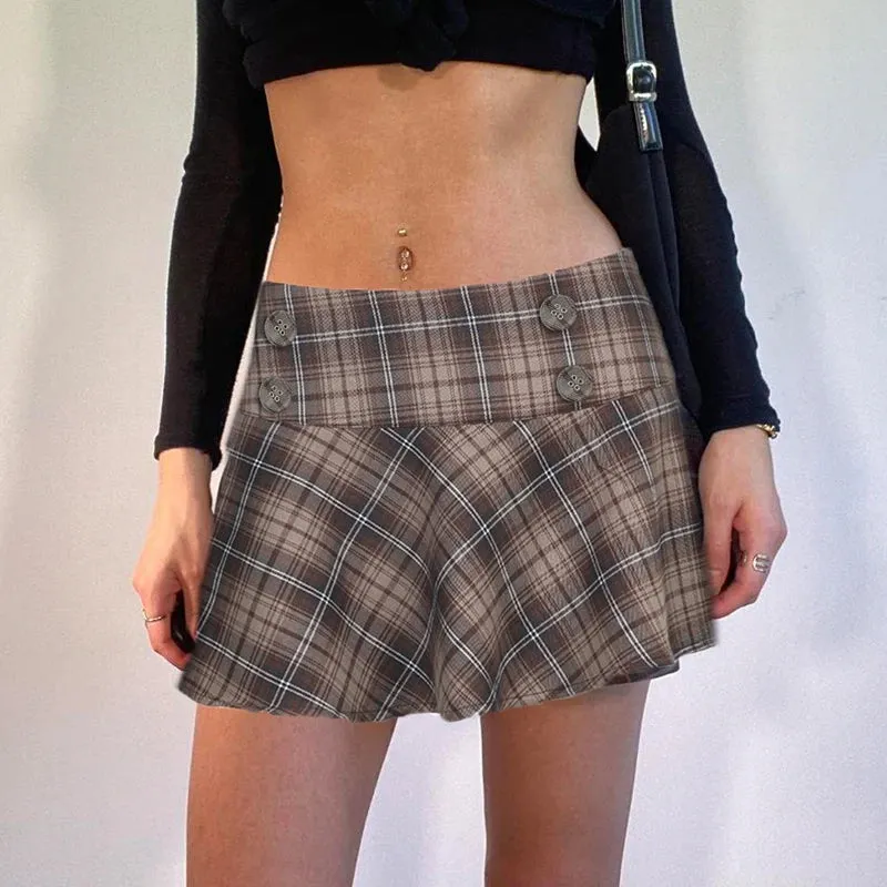 Y2K Vintage Buttons Chic Plaid Skirt England Style Harajuku Checkered A-Line Mini Skirt Women 2000s Aesthetic Outfits